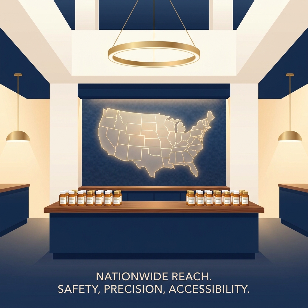Modern compounding pharmacy counter with a glowing U.S. map representing a compounding pharmacy that ships nationwide