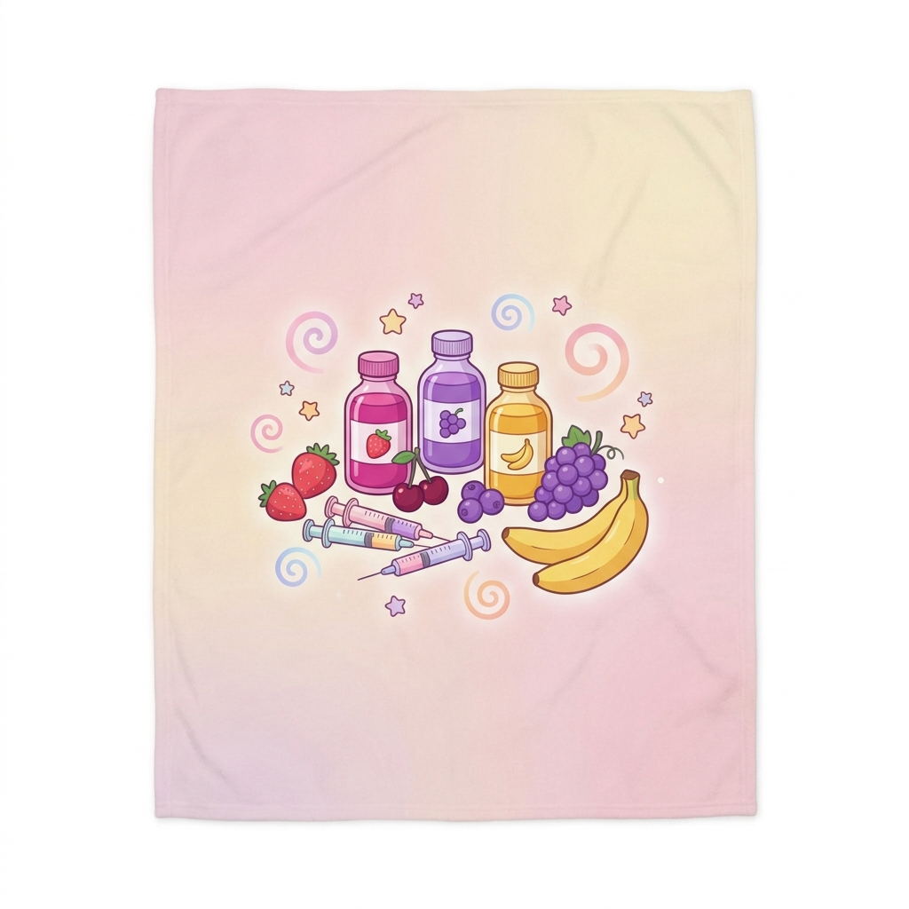 Colorful illustration of fruit-flavored pediatric medication bottles surrounded by fresh fruits representing flavoring options