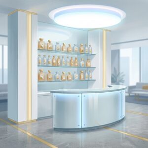 Modern weight loss clinic interior with branded proprietary medications on display, representing exclusive compounding pharmacy partnerships.