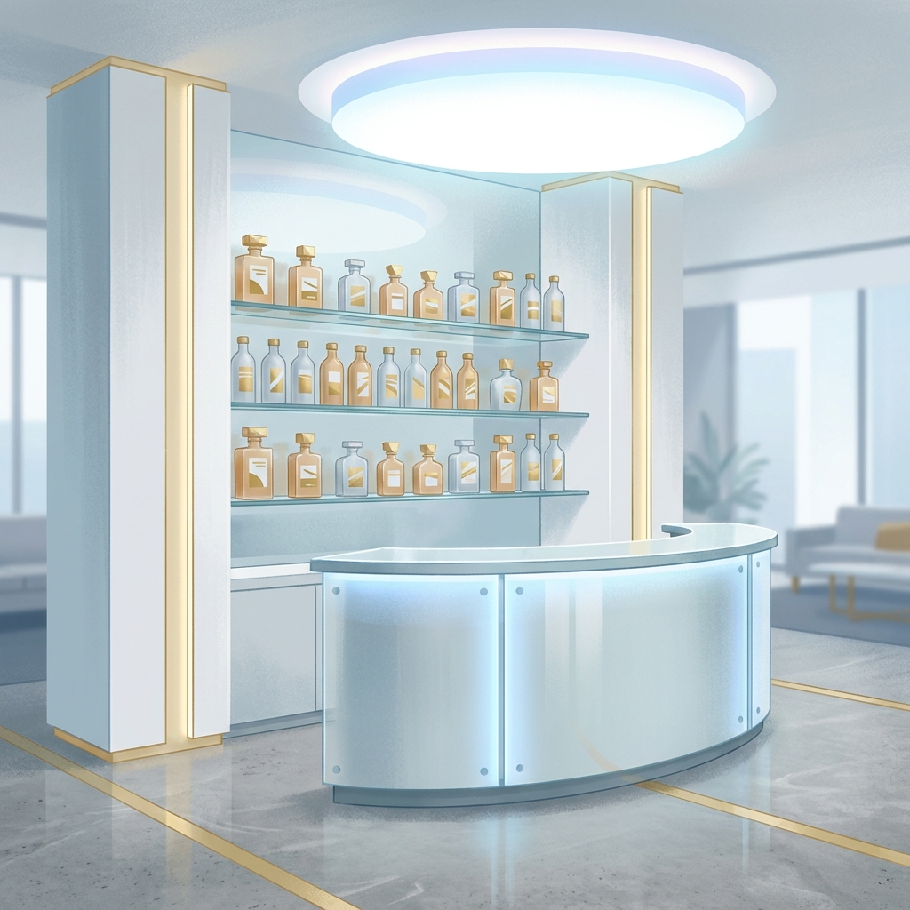 Modern weight loss clinic interior with branded proprietary medications on display, representing exclusive compounding pharmacy partnerships.