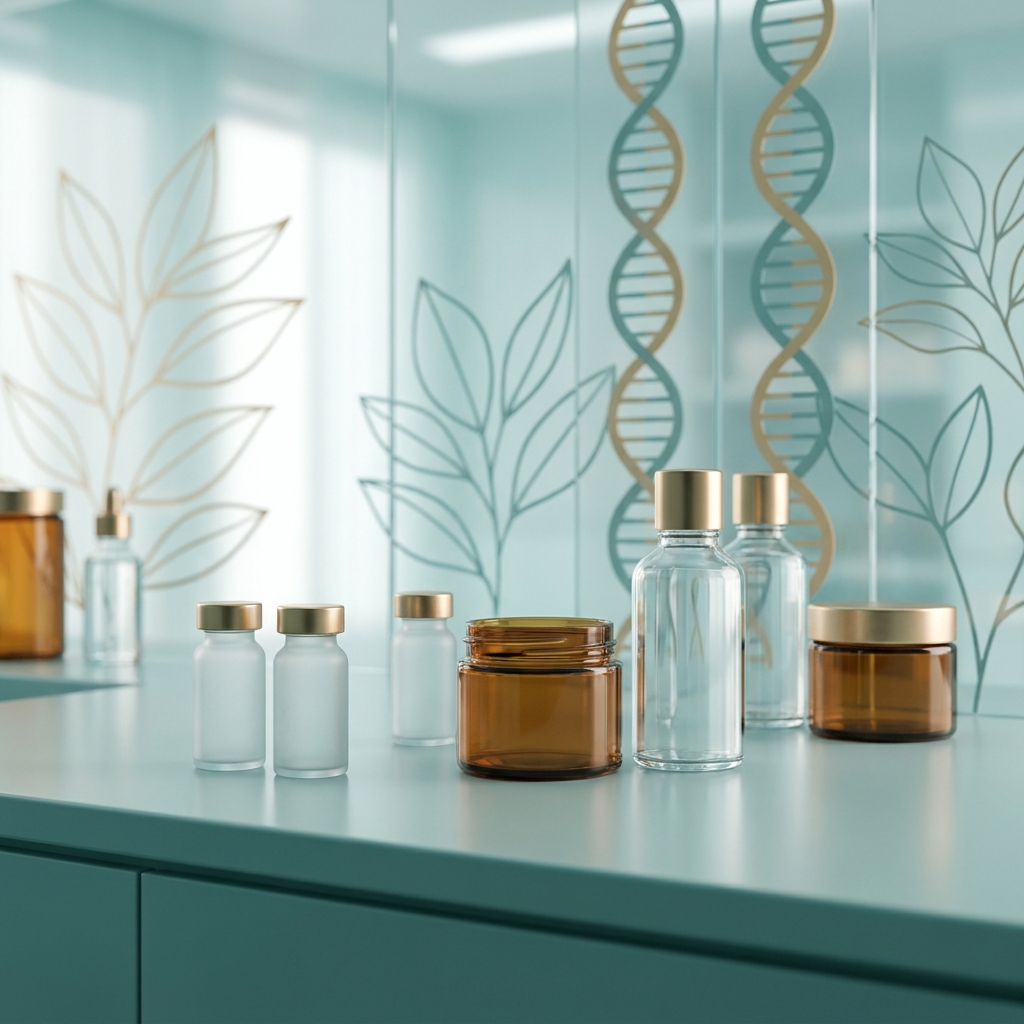 Stylized illustration representing anti-aging medicine compounding pharmacy with elegant vials and longevity wellness elements