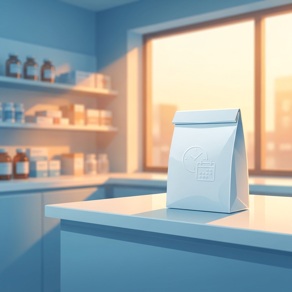 Modern pharmacy setting illustrating fast compounding pharmacy turnaround with a prepared prescription ready for delivery.