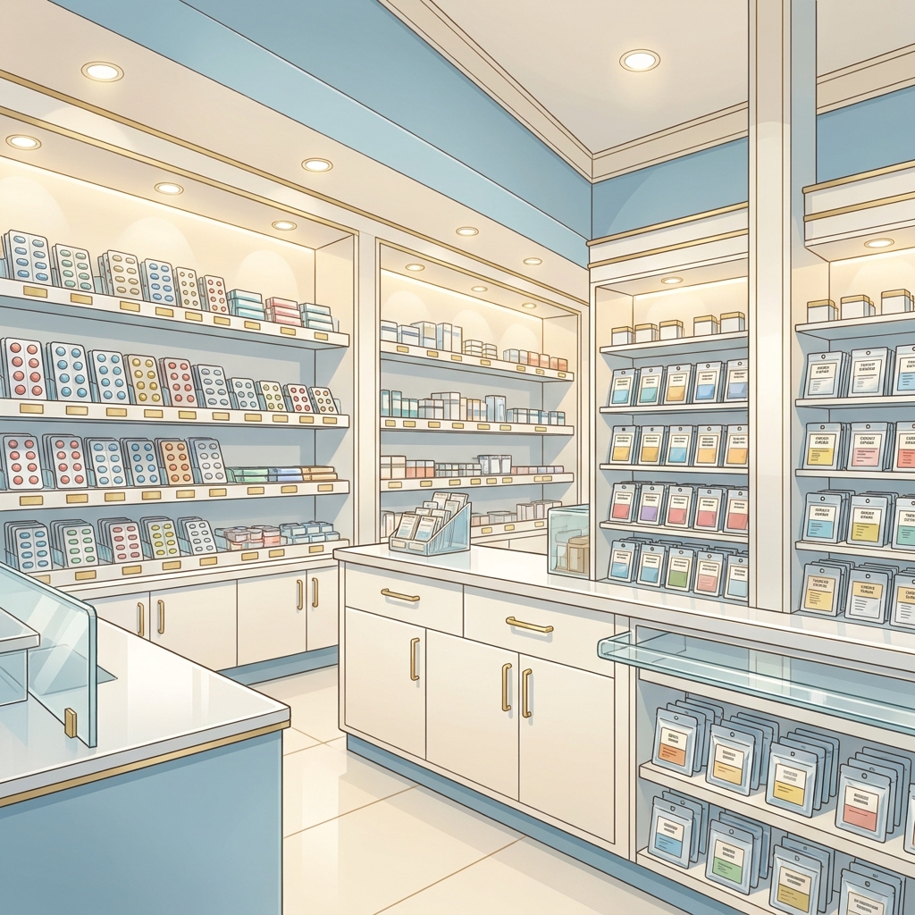 Organized long-term care medication packaging in a modern compounding pharmacy for nursing homes