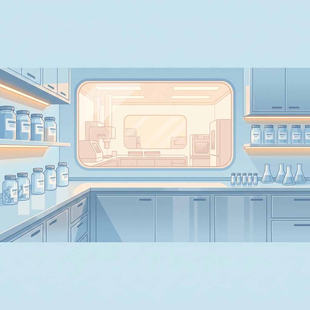 Clean, modern USP 800 compliant compounding pharmacy facility interior with organized, sterile workspace