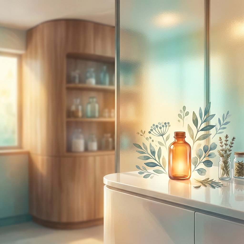 Glowing prescription bottle in a modern pharmacy setting, representing medication no longer available commercially compounding solutions.