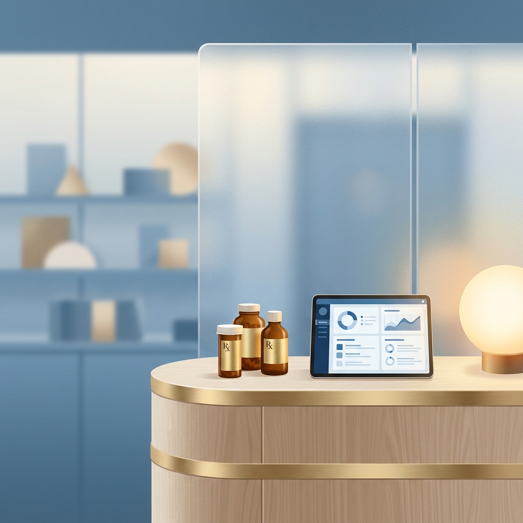 Modern DHEA compounding pharmacy setting with personalized prescription bottles and medical chart in warm professional lighting.