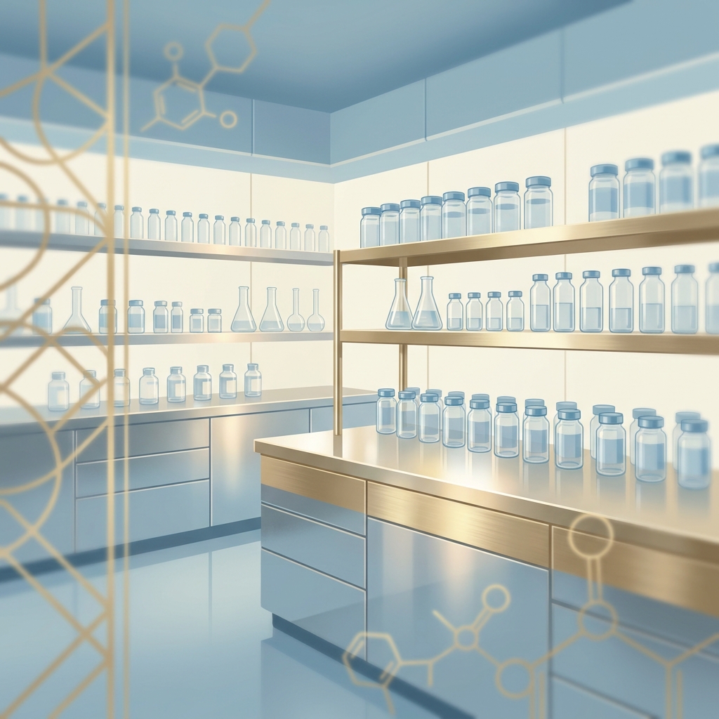 Pristine compounding pharmacy laboratory environment representing high quality chemicals and FDA-inspected sourcing standards