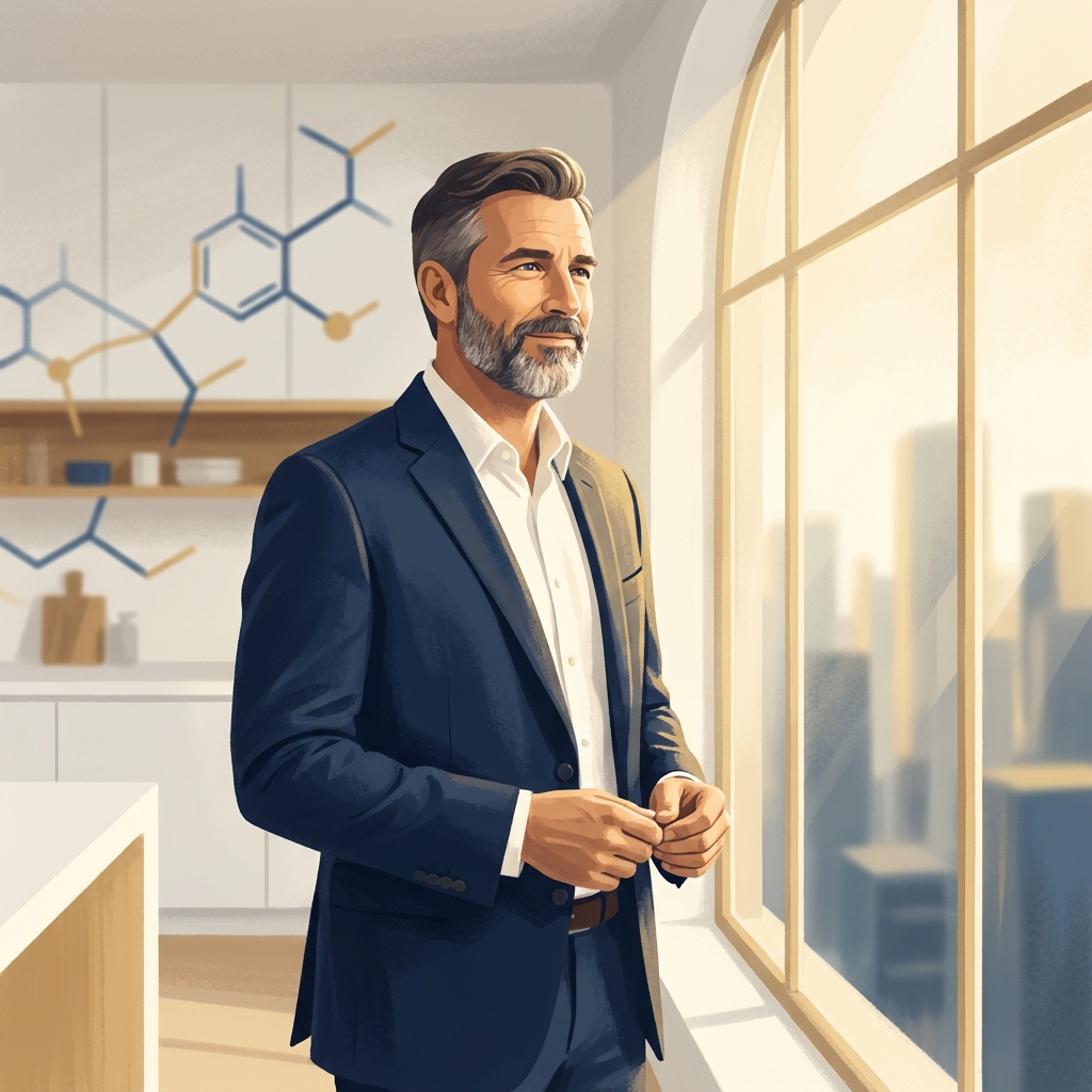 Confident man representing the benefits of compounded ED medication custom formulation in a modern wellness setting.