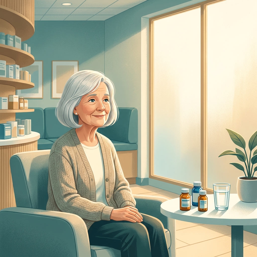 Elderly woman receiving personalized compounding pharmacy care for elderly patients in a warm, modern consultation setting.