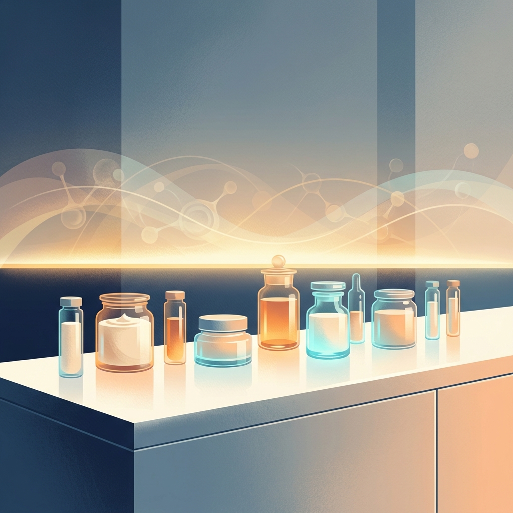 Elegant compounding pharmacy setting with topical pain management formulations, representing personalized opioid-sparing treatment.