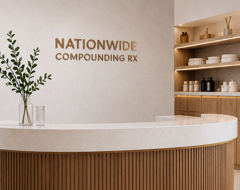 Minimalist pharmacy reception with warm accents