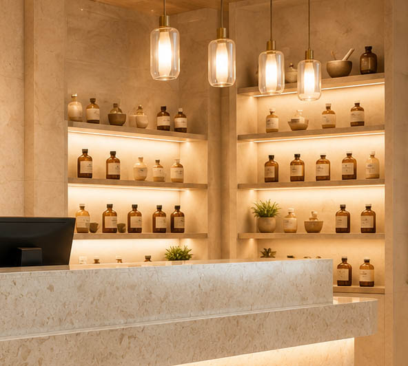 Personalized Skin Solutions Minimalist pharmacy reception with warm accents
