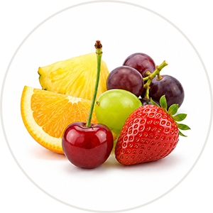 Tutti Frutti Flavor a grouping of fruit including orange slice, pineapple slice, grapes, strawberry and cherry