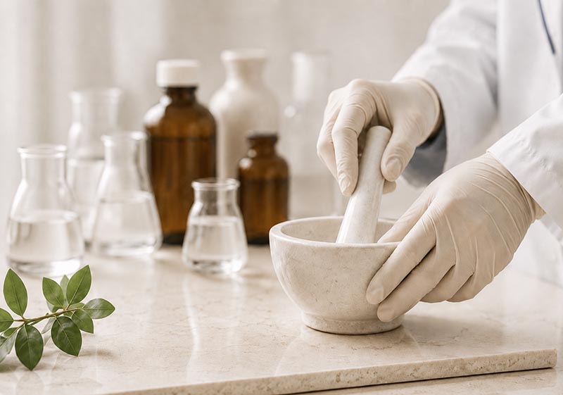 Careful mixing in an apothecary lab