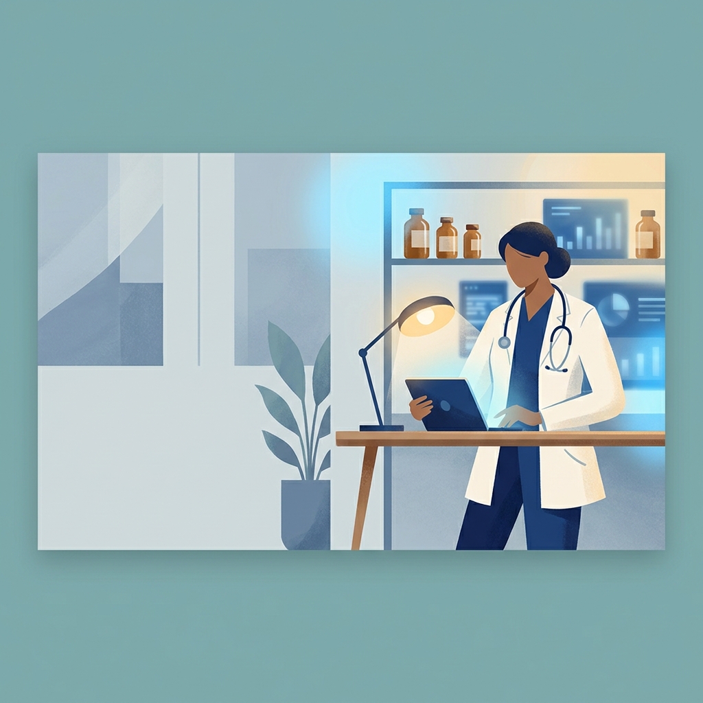 Physician reviewing compounding pharmacy partnership documents in a modern medical practice office setting.