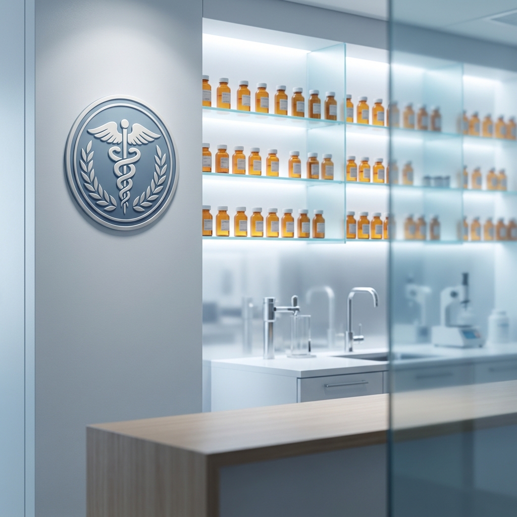 Modern compounding pharmacy interior with accreditation credentials, representing a trusted tretinoin compounding pharmacy. Modern compounding pharmacy interior with accreditation credentials, representing a trusted tretinoin compounding pharmacy.