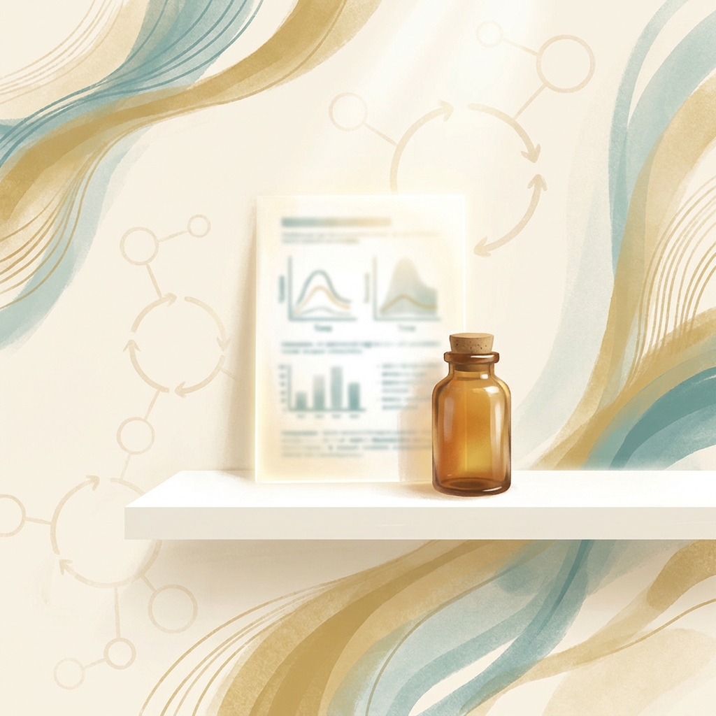 Illustrated lab results document beside a compounding medication bottle, representing refill compounding medication adjusted by lab results