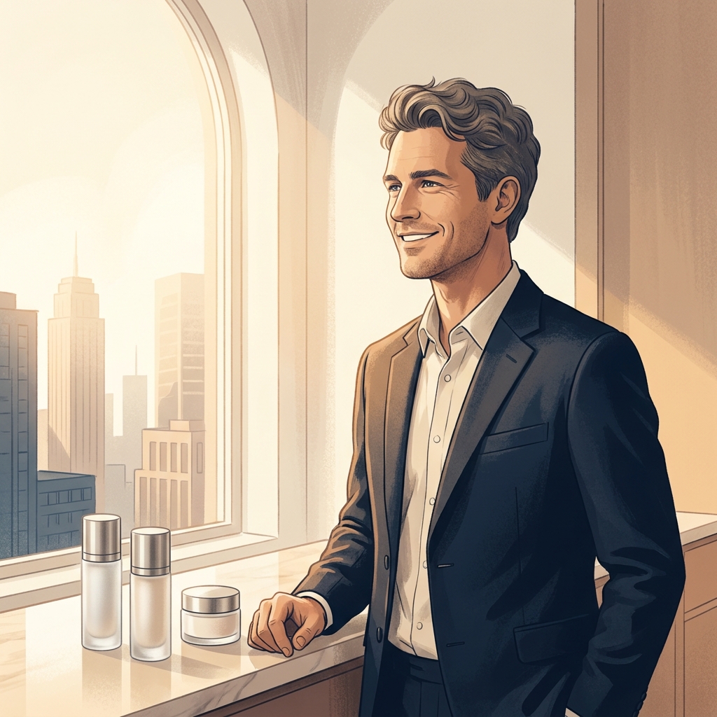Healthy man representing compounded testosterone for men, standing confidently in warm morning light near modern pharmacy vials.