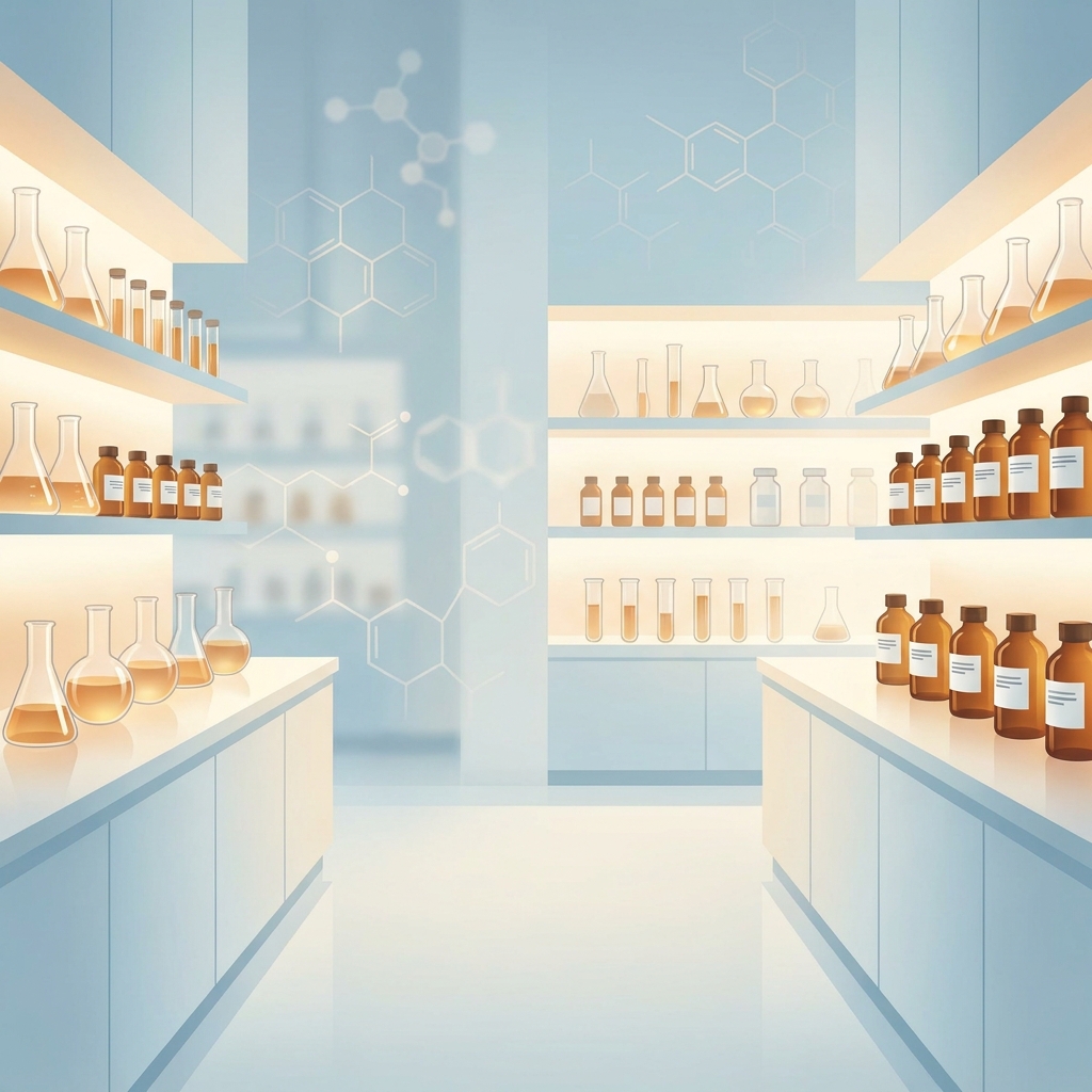 Illuminated pharmacy laboratory with labeled chemical vessels, representing the chemicals used in compounding pharmacy Illuminated pharmacy laboratory with labeled chemical vessels, representing the chemicals used in compounding pharmacy