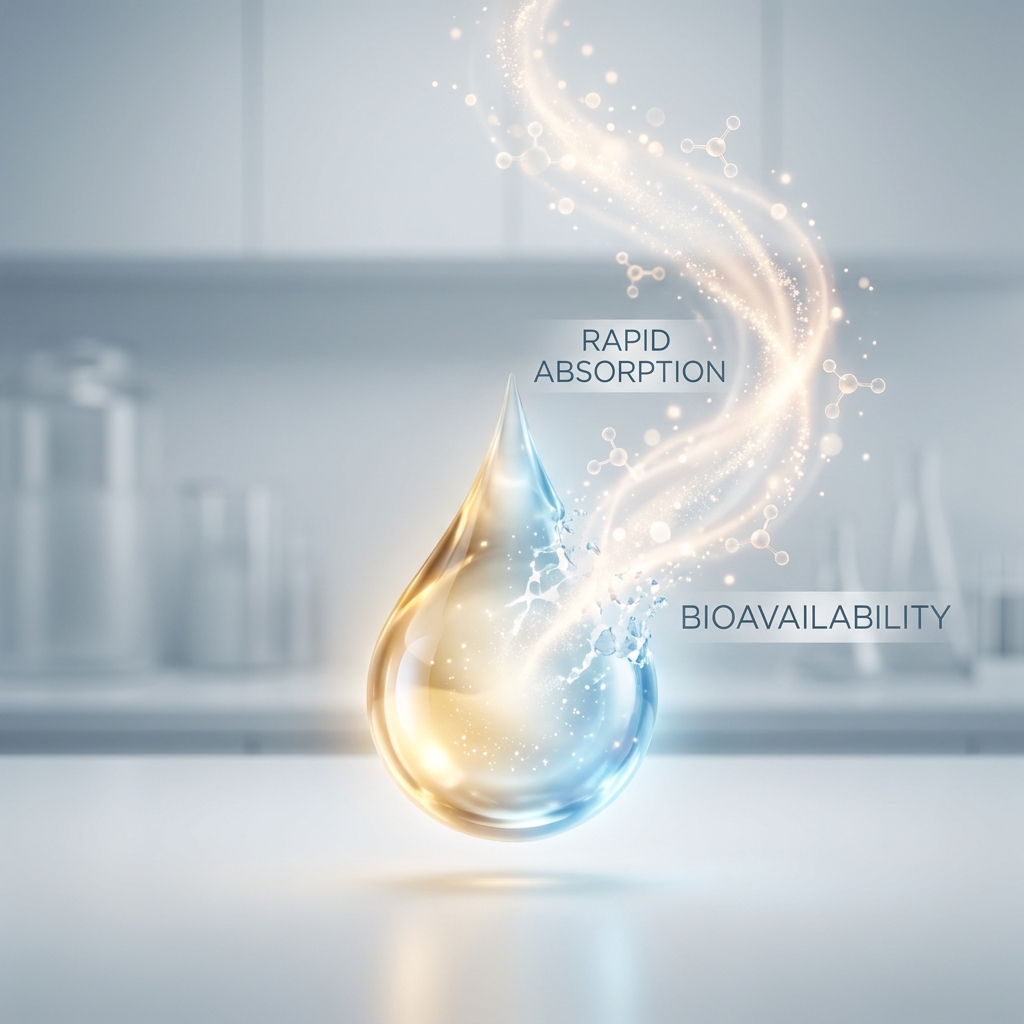Glowing liquid droplet dissolving into light, representing sublingual solution absorption from a compounding pharmacy Glowing liquid droplet dissolving into light, representing sublingual solution absorption from a compounding pharmacy