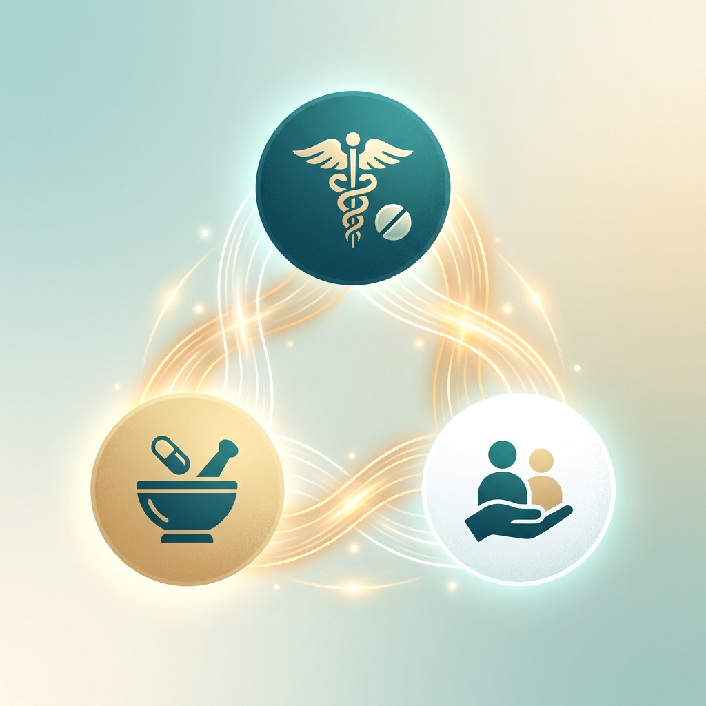 Illustrated triad model showing compounding pharmacy collaboration with healthcare team across three connected nodes Illustrated triad model showing compounding pharmacy collaboration with healthcare team across three connected nodes