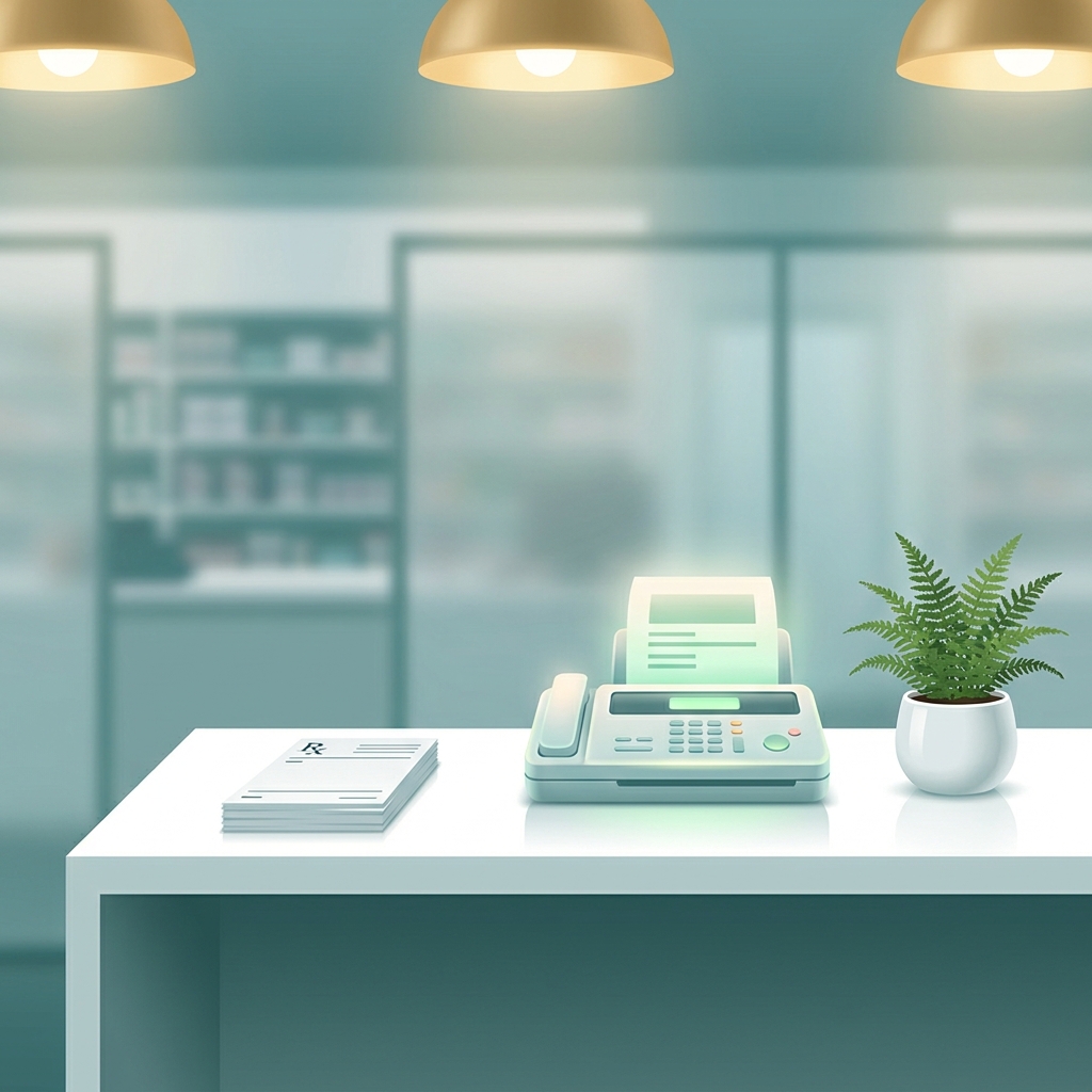 Modern pharmacy desk with prescription document and fax machine, representing faxing a prescription to a compounding pharmacy.