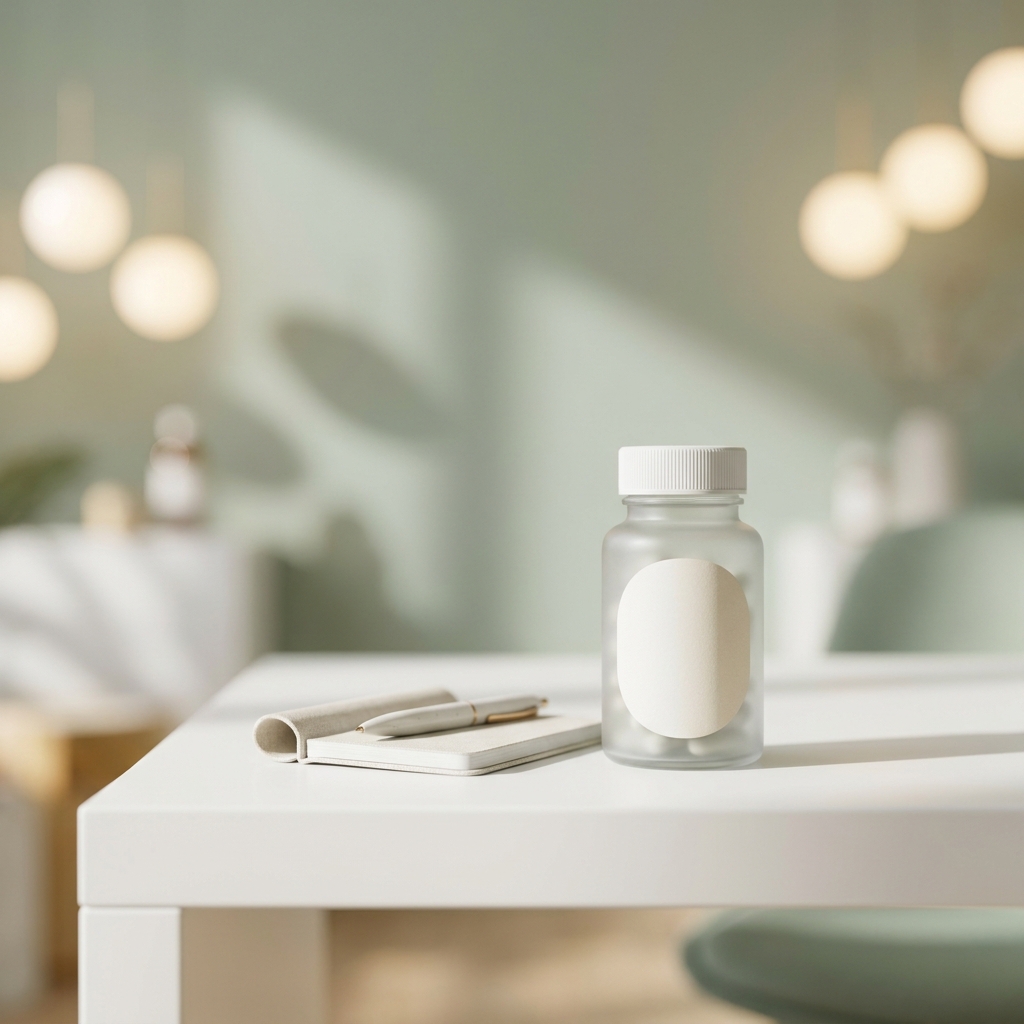 Custom compounded medication bottle on a clean pharmacy counter, representing personalized compounded medication for anxiety treatment.