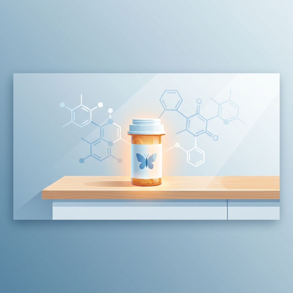 Stylized illustration representing compounded T3 T4 thyroid medication with glowing prescription bottle and molecular motifs