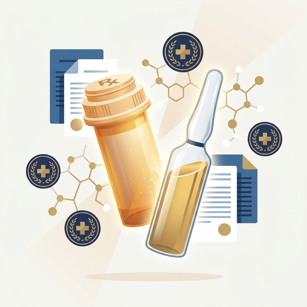 Illustration representing replicating discontinued medications through compounding, showing a prescription bottle transforming into a custom vial. Illustration representing replicating discontinued medications through compounding, showing a prescription bottle transforming into a custom vial.