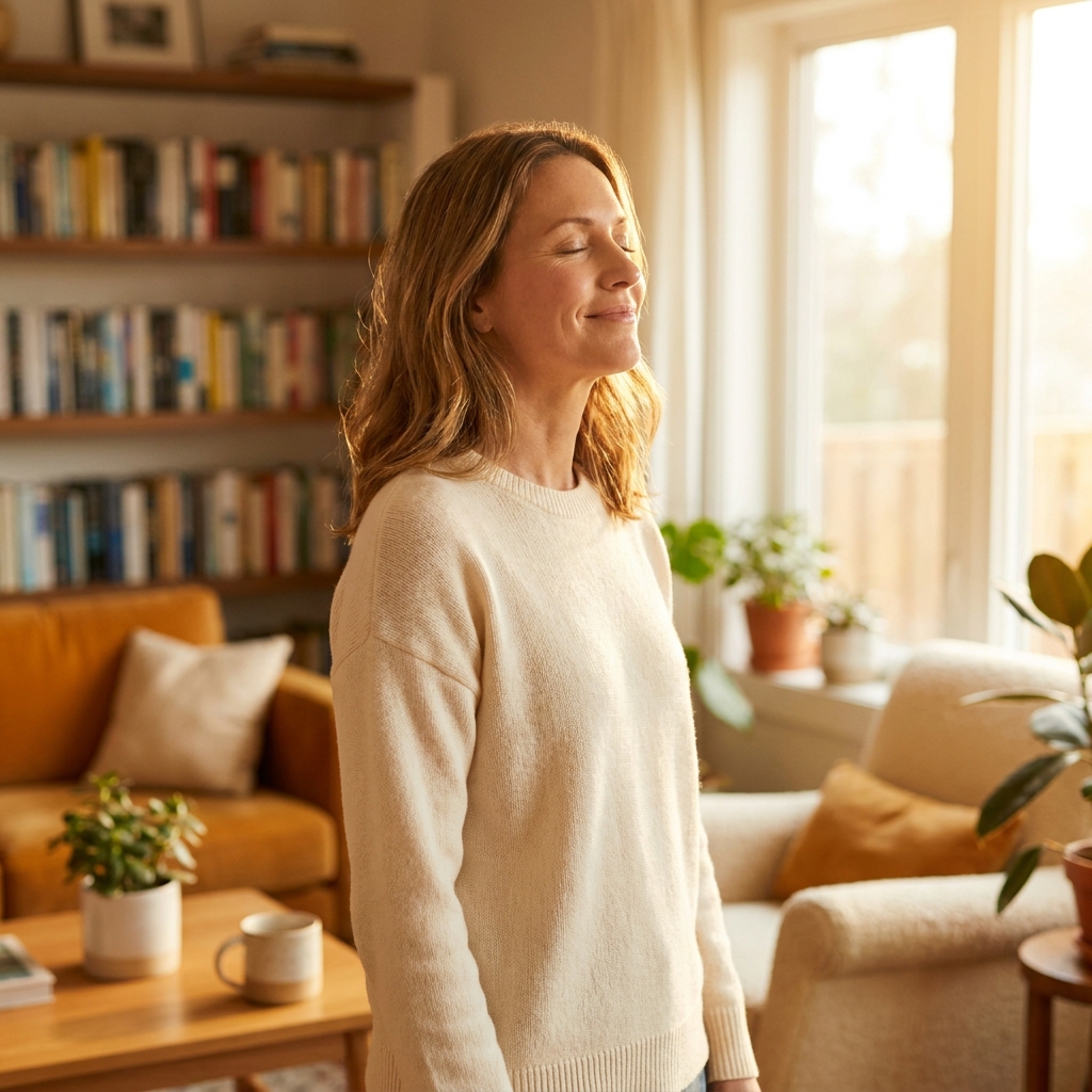 Woman feeling energized and emotionally balanced after hormone therapy for fatigue and mood swings