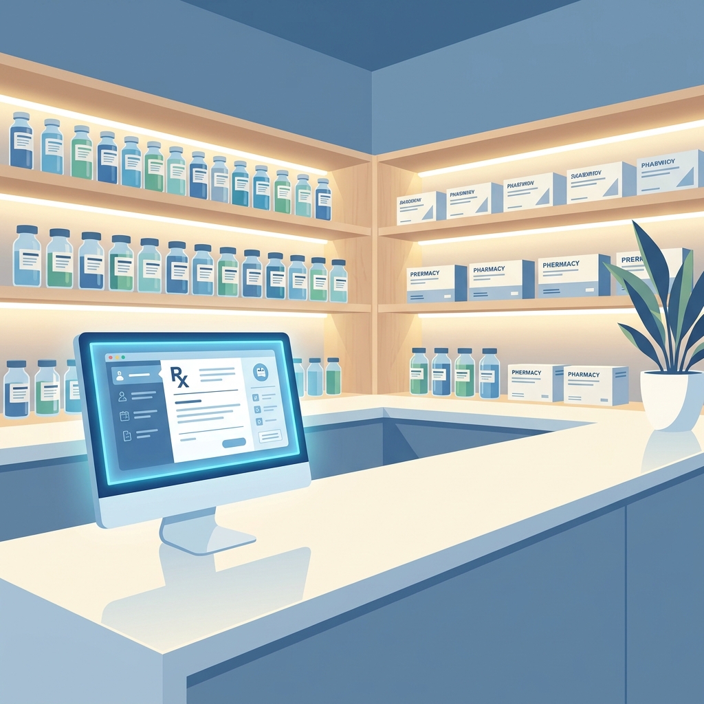 Modern compounding pharmacy workspace with digital prescription screen, representing the process of sending prescriptions to a compounding pharmacy. Modern compounding pharmacy workspace with digital prescription screen, representing the process of sending prescriptions to a compounding pharmacy.