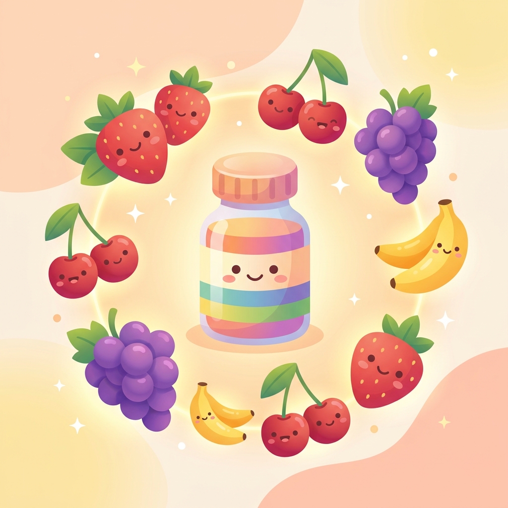 Colorful illustrated medicine bottle surrounded by fruits representing flavored medication for children compounding