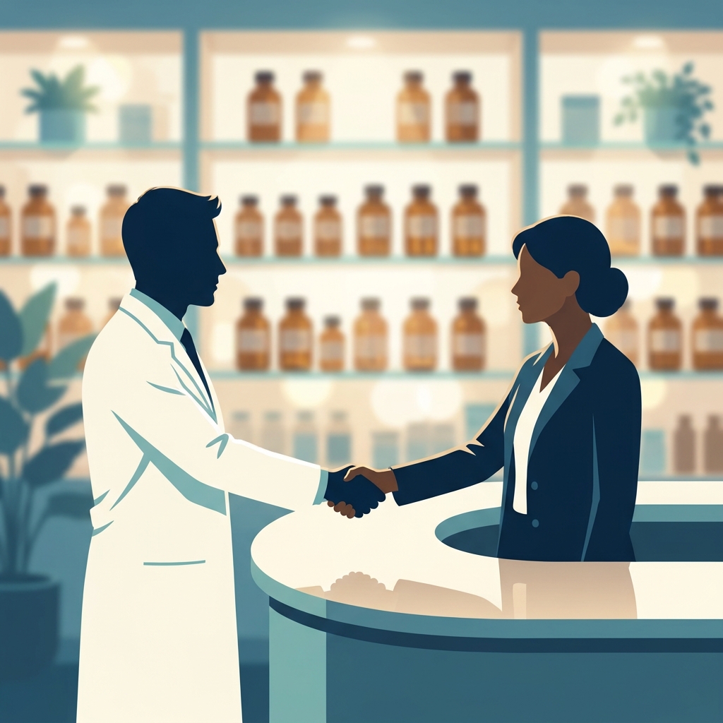 Prescriber and pharmacist in professional consultation, representing how to partner with a compounding pharmacy Prescriber and pharmacist in professional consultation, representing how to partner with a compounding pharmacy
