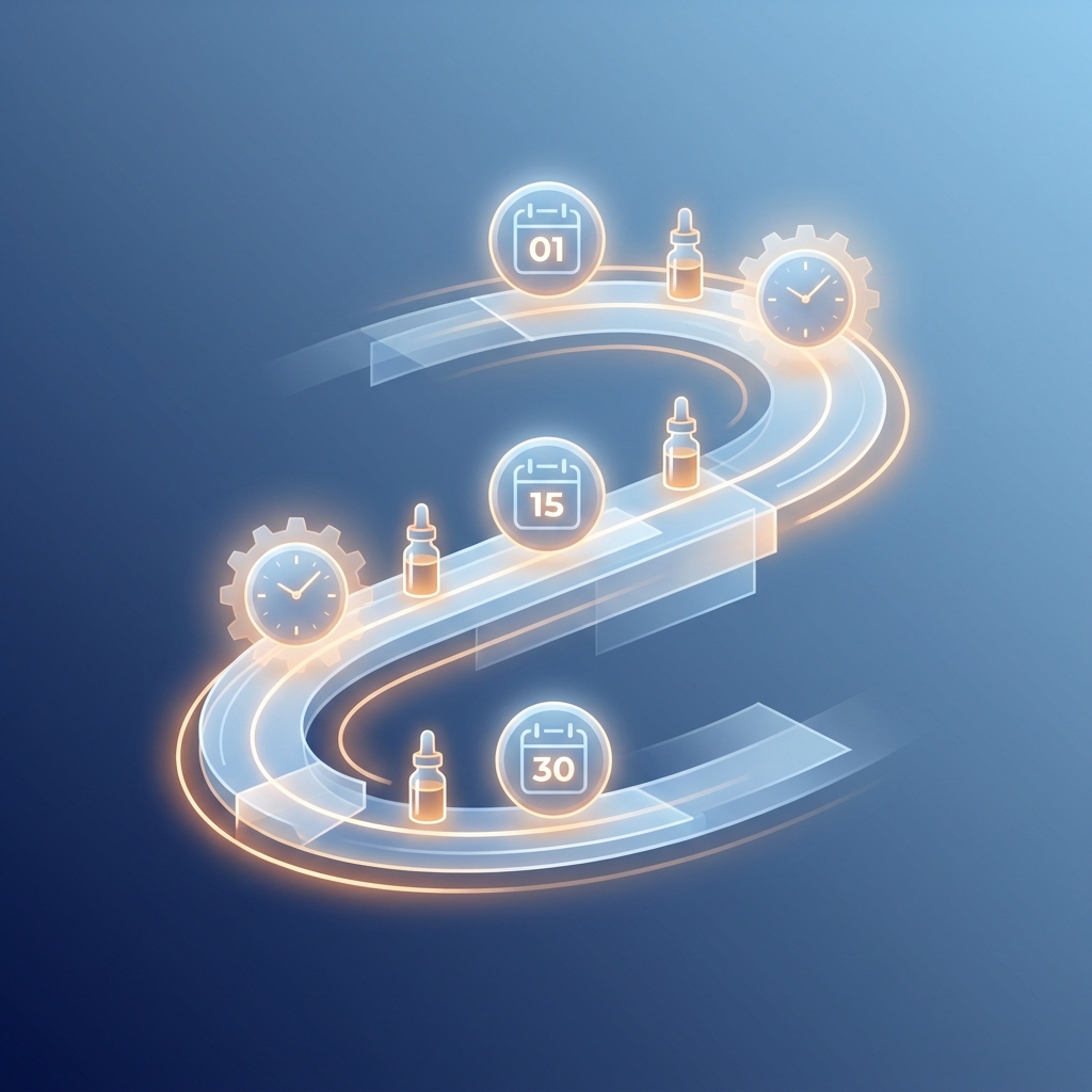 Illustrated timeline showing how long a compounding pharmacy takes, with calendar and clock icons on a clean blue background. Illustrated timeline showing how long a compounding pharmacy takes, with calendar and clock icons on a clean blue background.