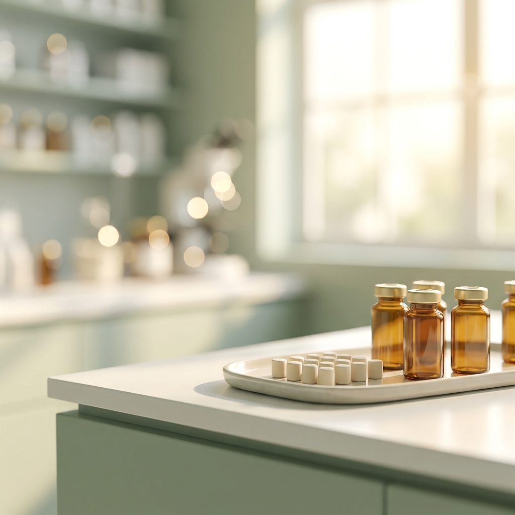 Elegant still-life of compounding pharmacy vials and hormone pellets representing bioidentical hormone pellet therapy compounding Elegant still-life of compounding pharmacy vials and hormone pellets representing bioidentical hormone pellet therapy compounding