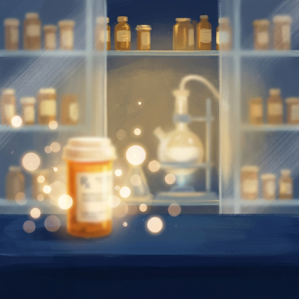 Glowing prescription bottle in a professional compounding pharmacy, symbolizing whether a compounding pharmacy can make a discontinued drug.