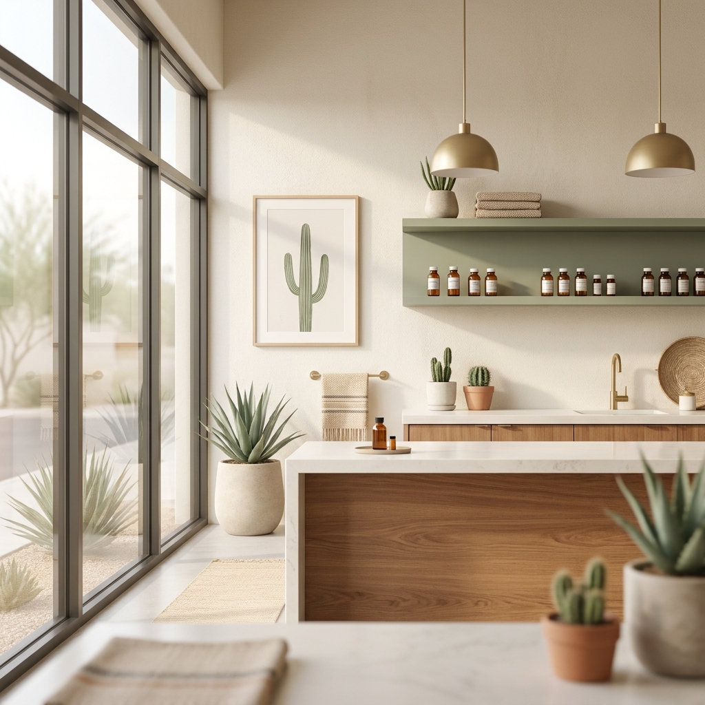 Modern compounding pharmacy interior in Scottsdale Arizona with warm lighting and personalized medication display Modern compounding pharmacy interior in Scottsdale Arizona with warm lighting and personalized medication display