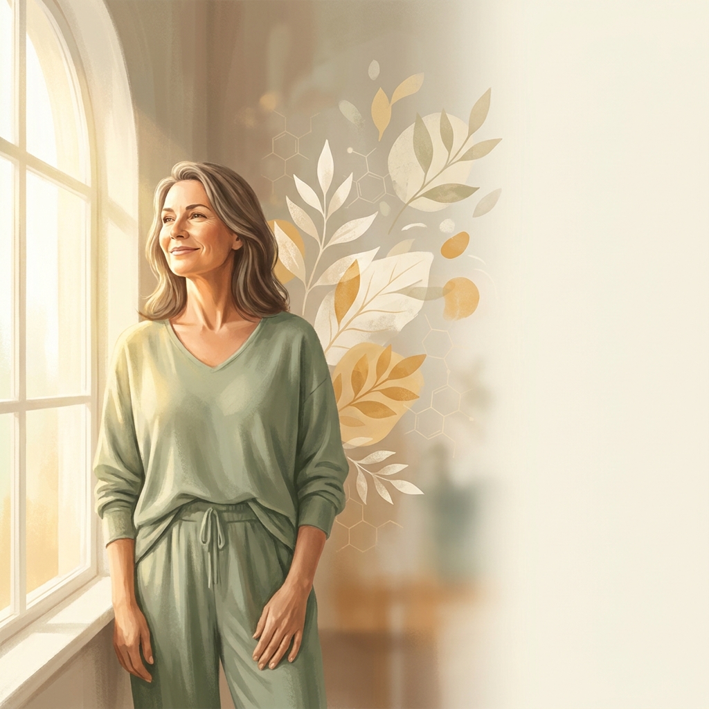 Woman experiencing renewed wellbeing through customized hormone therapy for women, bathed in warm natural light. Woman experiencing renewed wellbeing through customized hormone therapy for women, bathed in warm natural light.