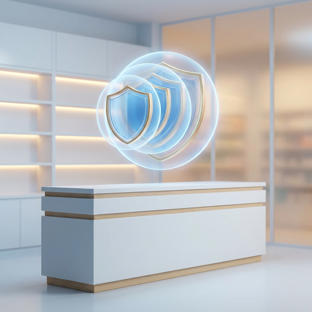 Layered protective shields symbolizing compounding pharmacy safety standards and regulatory framework Layered protective shields symbolizing compounding pharmacy safety standards and regulatory framework