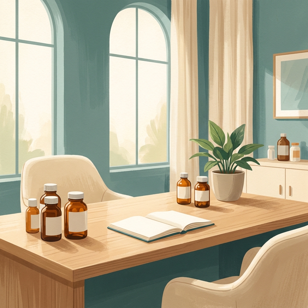 Warm modern compounding pharmacy consultation desk representing personalized fibromyalgia treatment options Warm modern compounding pharmacy consultation desk representing personalized fibromyalgia treatment options