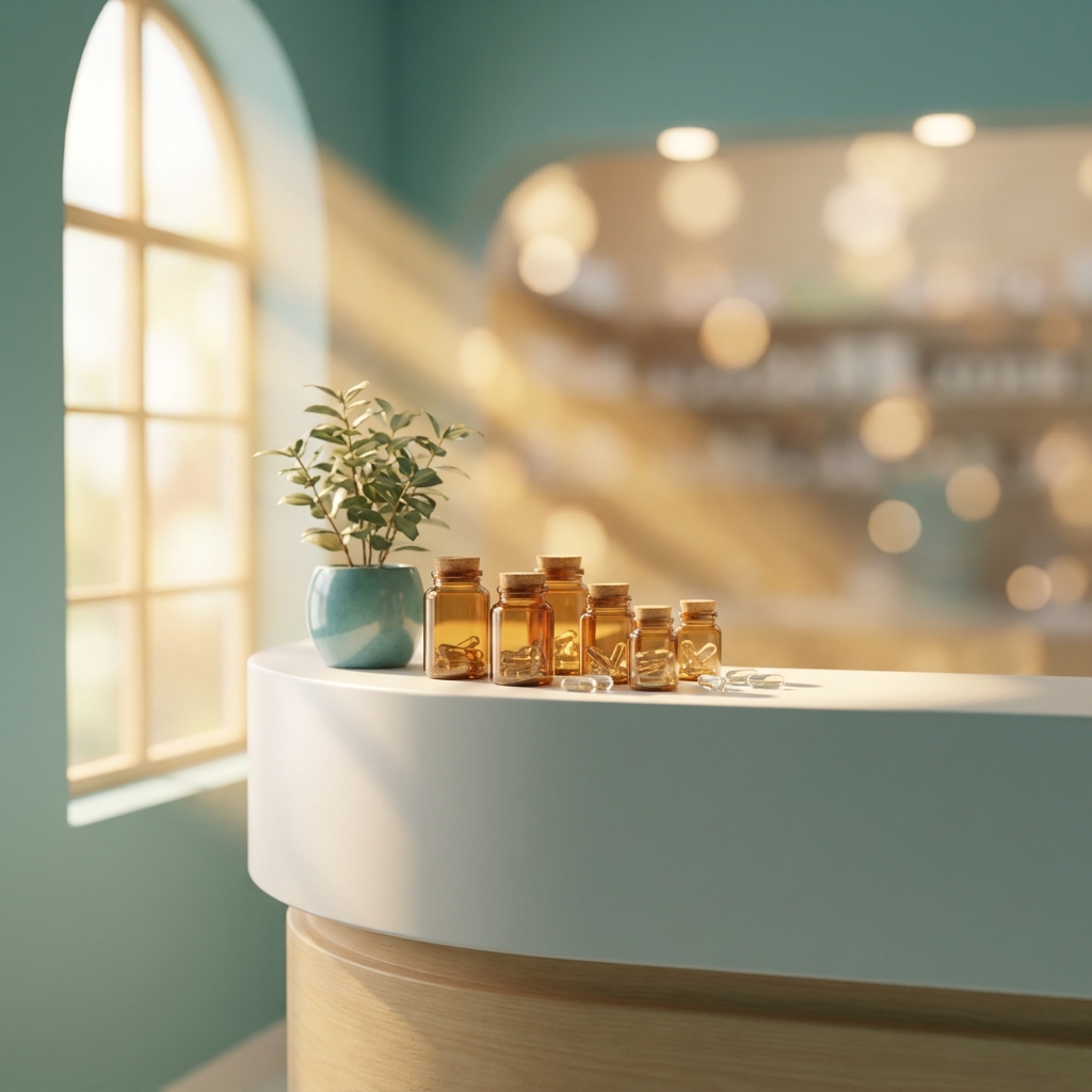 Clean modern pharmacy bottles representing lactose-free compounded medication options in a warm, professional setting.