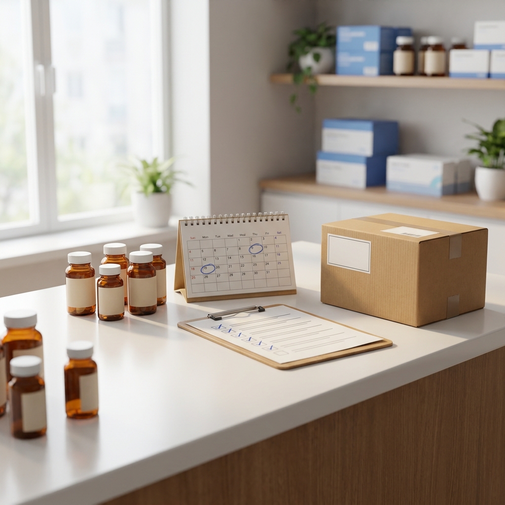 Organized pharmacy workspace with calendar and prescription bottles illustrating compounding pharmacy turnaround time planning. Organized pharmacy workspace with calendar and prescription bottles illustrating compounding pharmacy turnaround time planning.