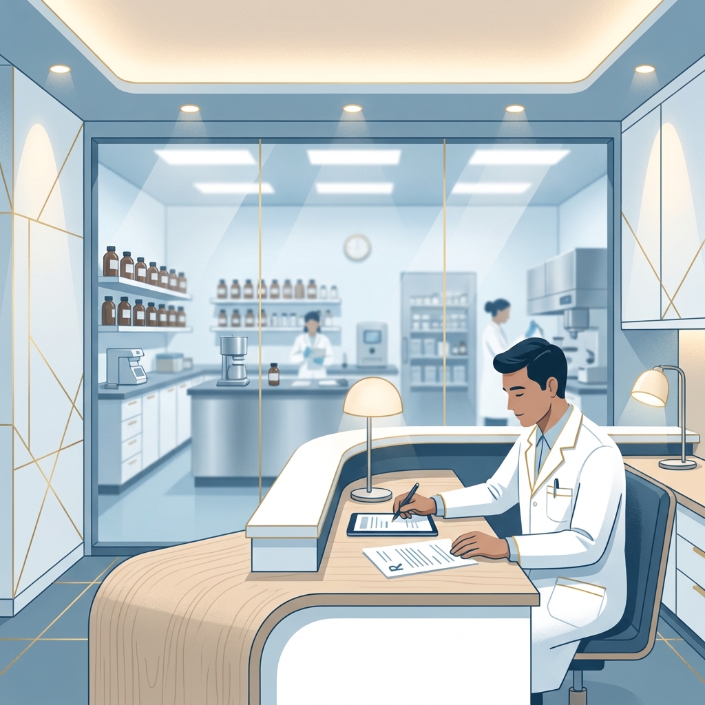 Pharmacist reviewing HCG compounding pharmacy regulations in a modern, accredited compounding facility