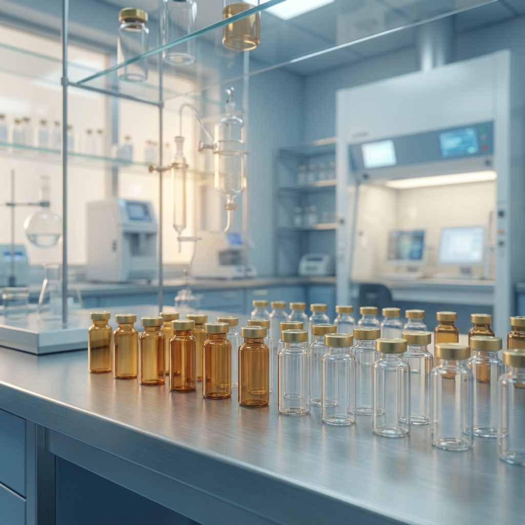 Pharmaceutical grade ingredients in clean laboratory vials at a professional compounding pharmacy Pharmaceutical grade ingredients in clean laboratory vials at a professional compounding pharmacy