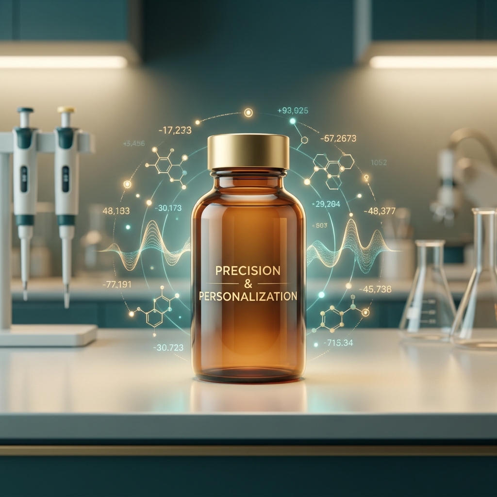 Custom dosage strength compounding pharmacy precision vial with personalized measurement details in warm teal and gold tones Custom dosage strength compounding pharmacy precision vial with personalized measurement details in warm teal and gold tones