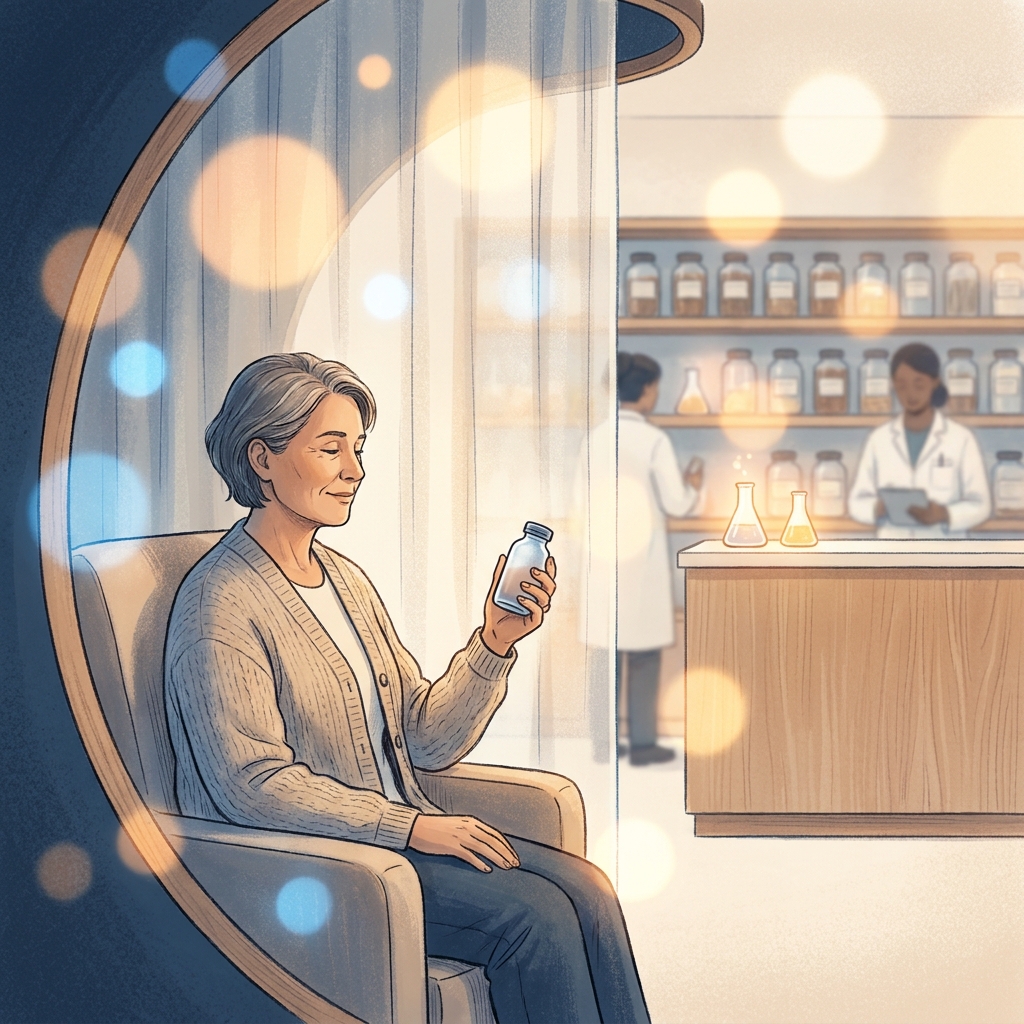 Hopeful chronic pain patient receiving personalized compounding pharmacy medication consultation in a modern, warm setting. Hopeful chronic pain patient receiving personalized compounding pharmacy medication consultation in a modern, warm setting.