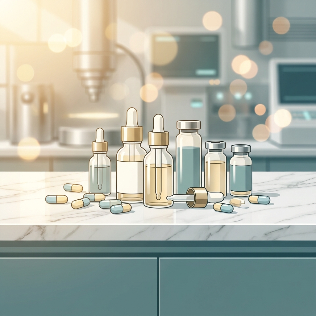 Elegant arrangement of custom medication vials representing what pharmaceutical compounding is and how it personalizes medicine. Elegant arrangement of custom medication vials representing what pharmaceutical compounding is and how it personalizes medicine.