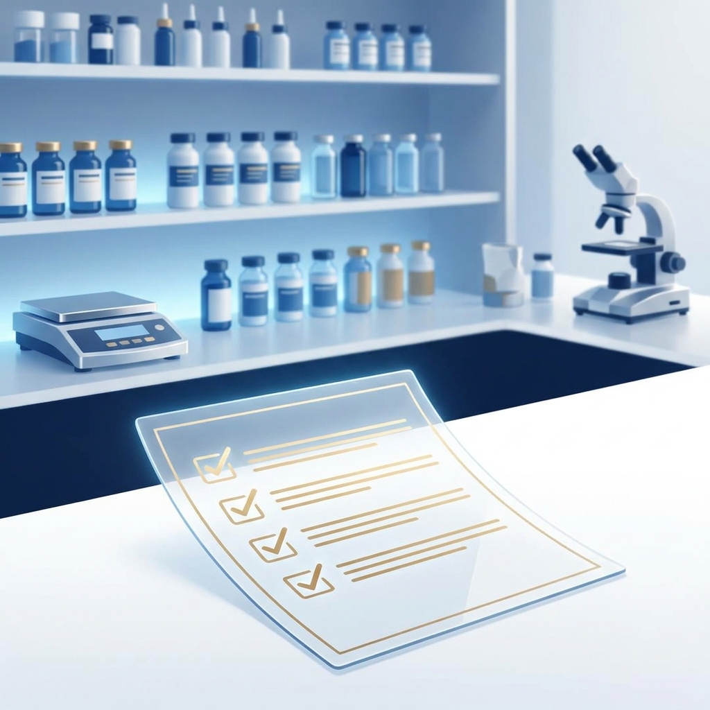 Illustrated pharmacy lab environment with glowing checklist representing quality control in compounding pharmacy standards. Illustrated pharmacy lab environment with glowing checklist representing quality control in compounding pharmacy standards.