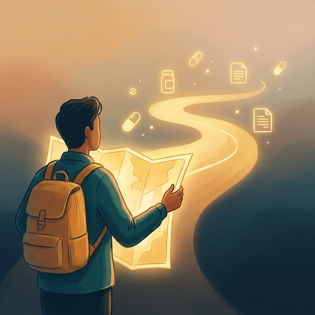 Illustrated patient confidently navigating a glowing roadmap representing compounding pharmacy insurance coverage options in 2026.