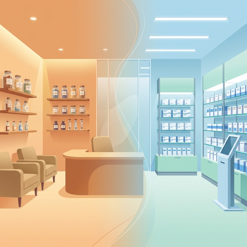 Stylized illustration comparing compounding pharmacy vs regular pharmacy environments, both professional and trustworthy Stylized illustration comparing compounding pharmacy vs regular pharmacy environments, both professional and trustworthy